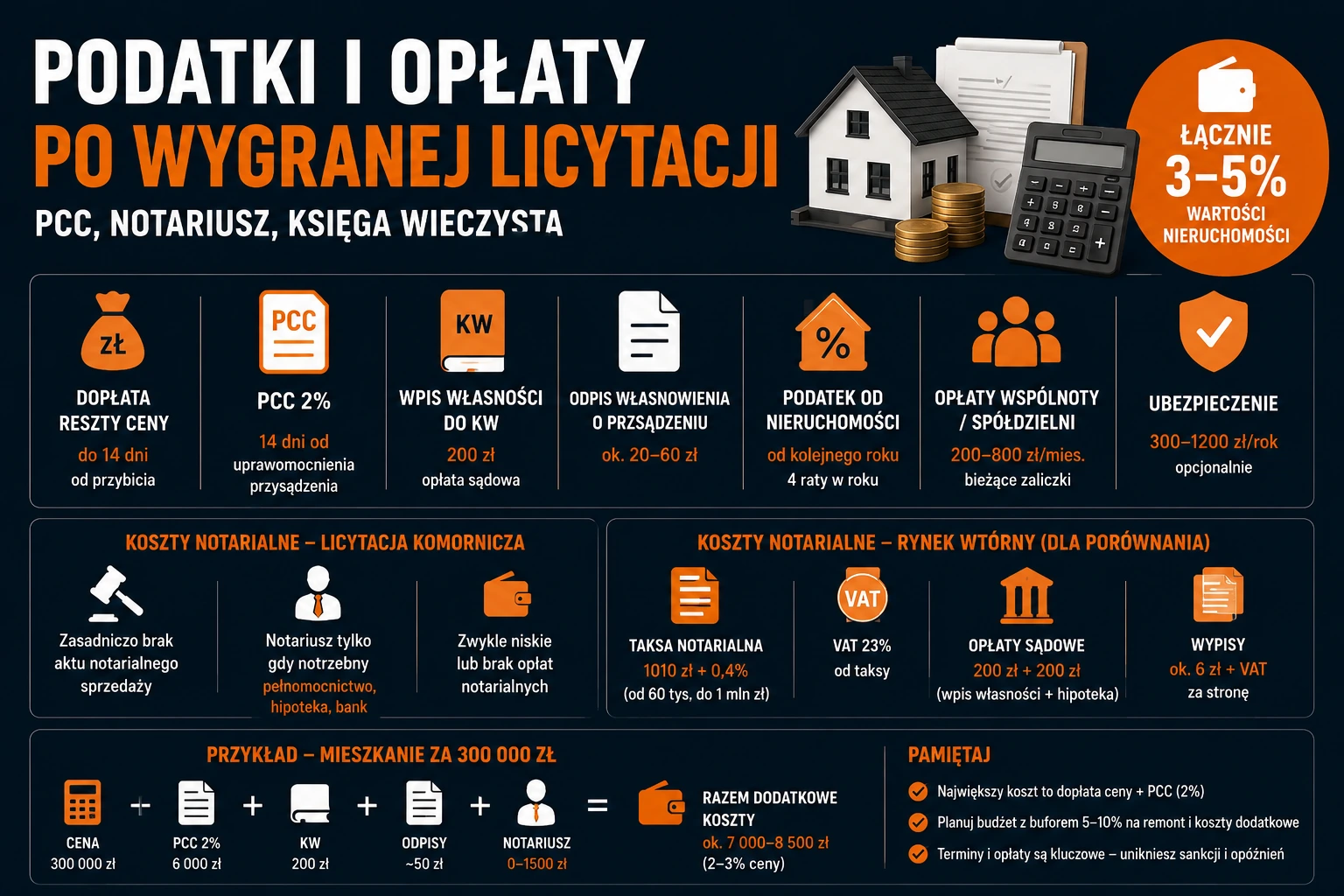 Podatki i opłaty po wygranej licytacji – PCC, notariusz, księga wieczysta
